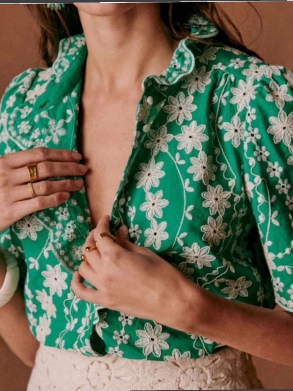 Sézane Green Dahlia Blouse Ecru Embroidery Short Sleeve Ruffle Med French 38/US6